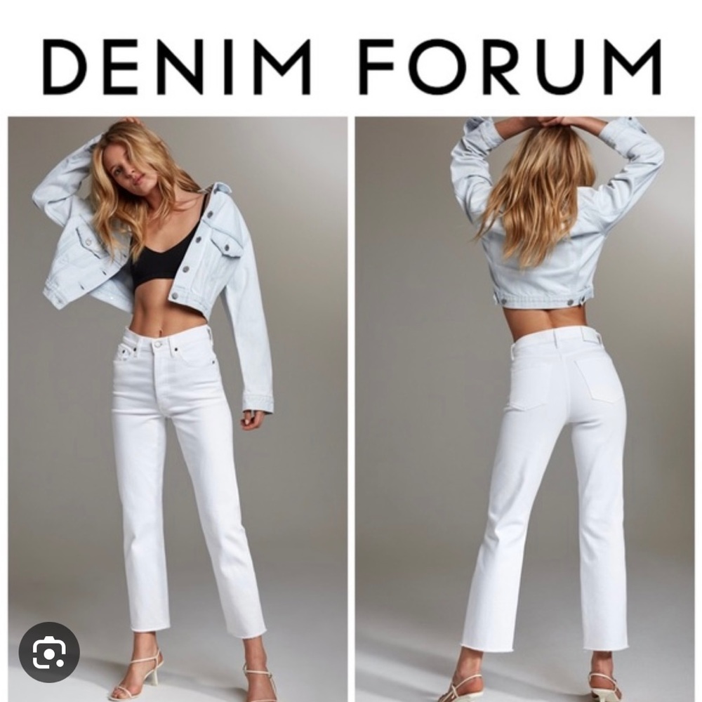 Denim Forum White High-Rise Straight Crop Jeans with Light Wash Jacket